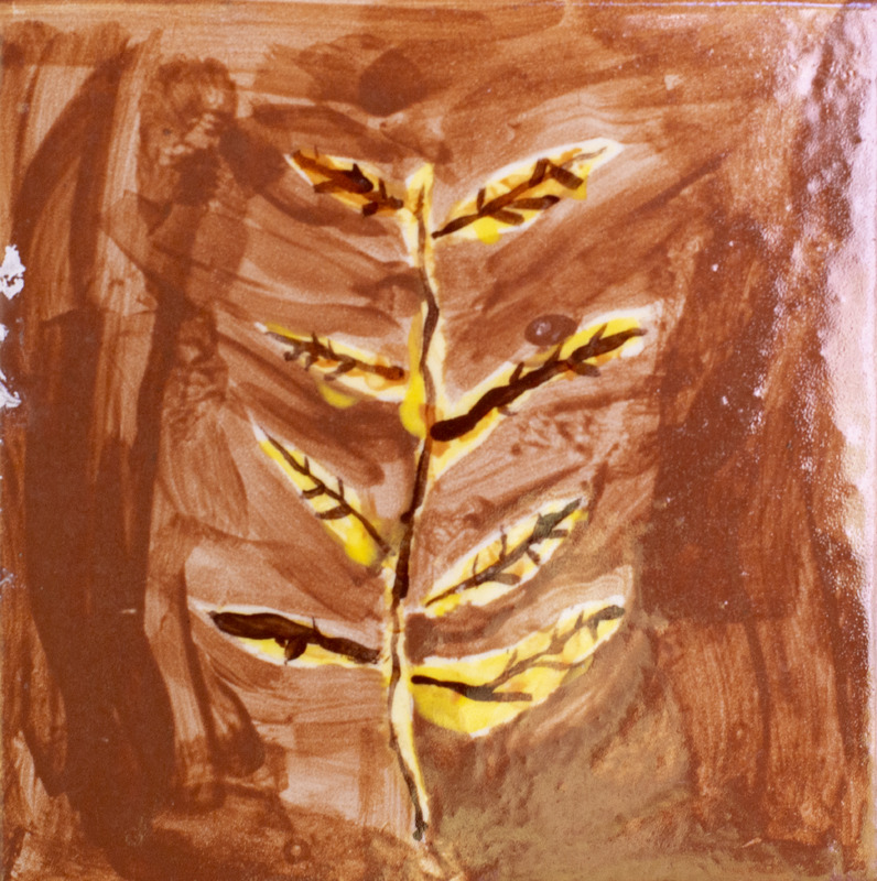 Painting of a brown stick with yellow leaves in front of a brown background.
