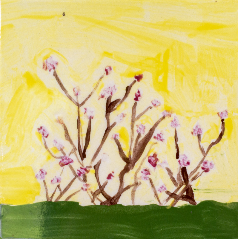 Painting of a bush with red berries in the grass with a yellow background.
