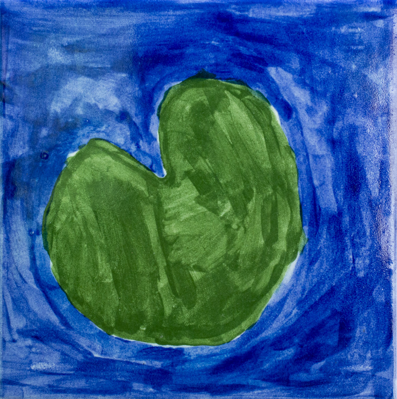 Painting of green lilypad in water.