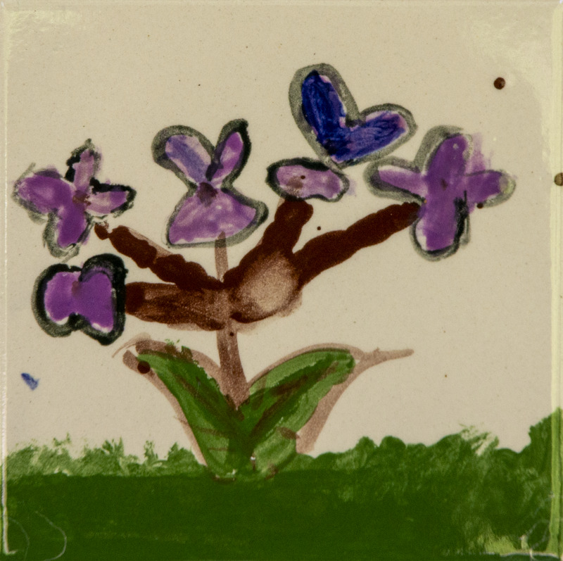 Painting of purple flowers with green leaves and stems standing on grassy ground.