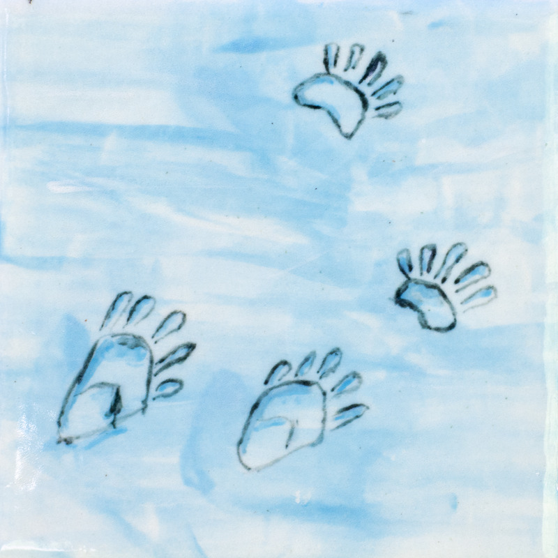 Painting of animal tracks against blue background.