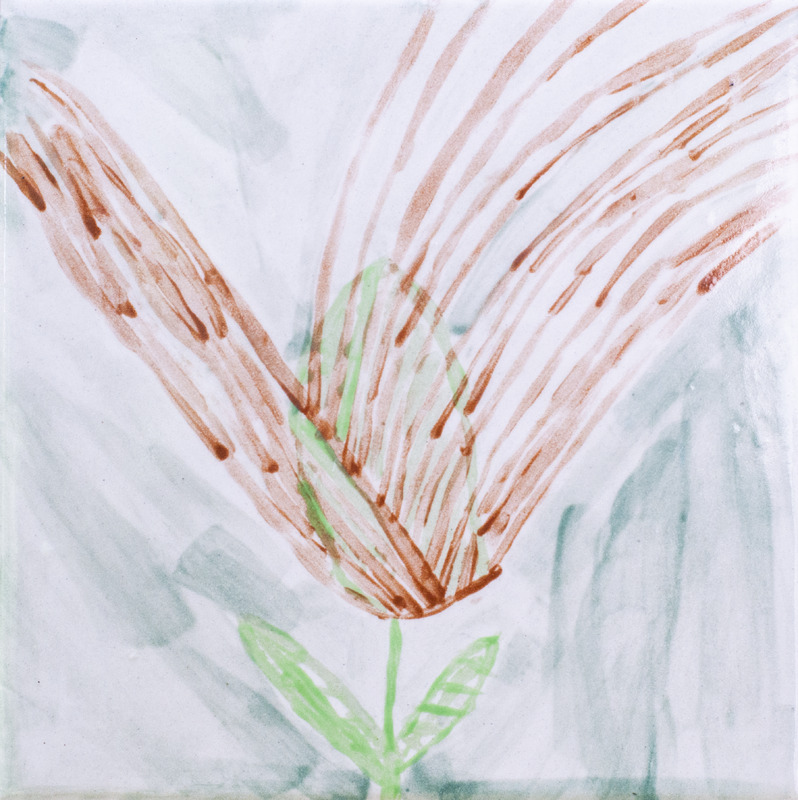 Painting of green plant with brown lines coming out from the center.