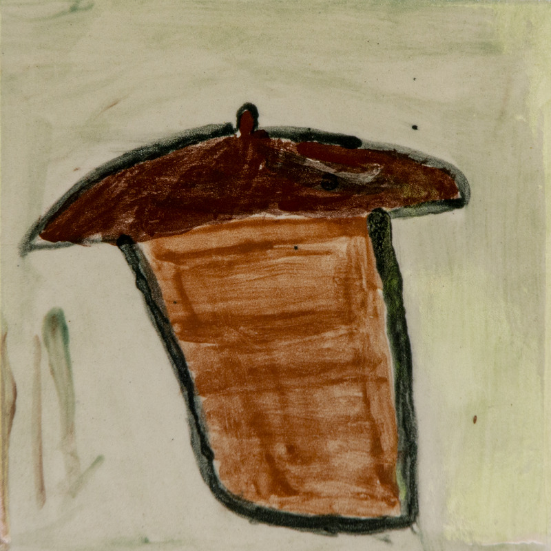 Painting of a brown acorn with a dark cap and stem, outlined in black.