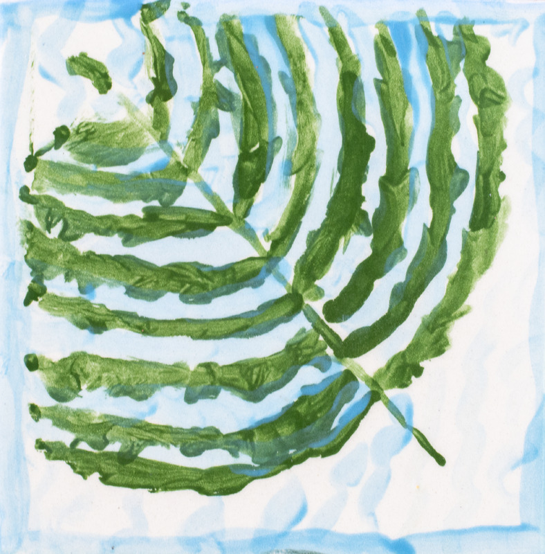 Painting of green compound leaf against a blue background.