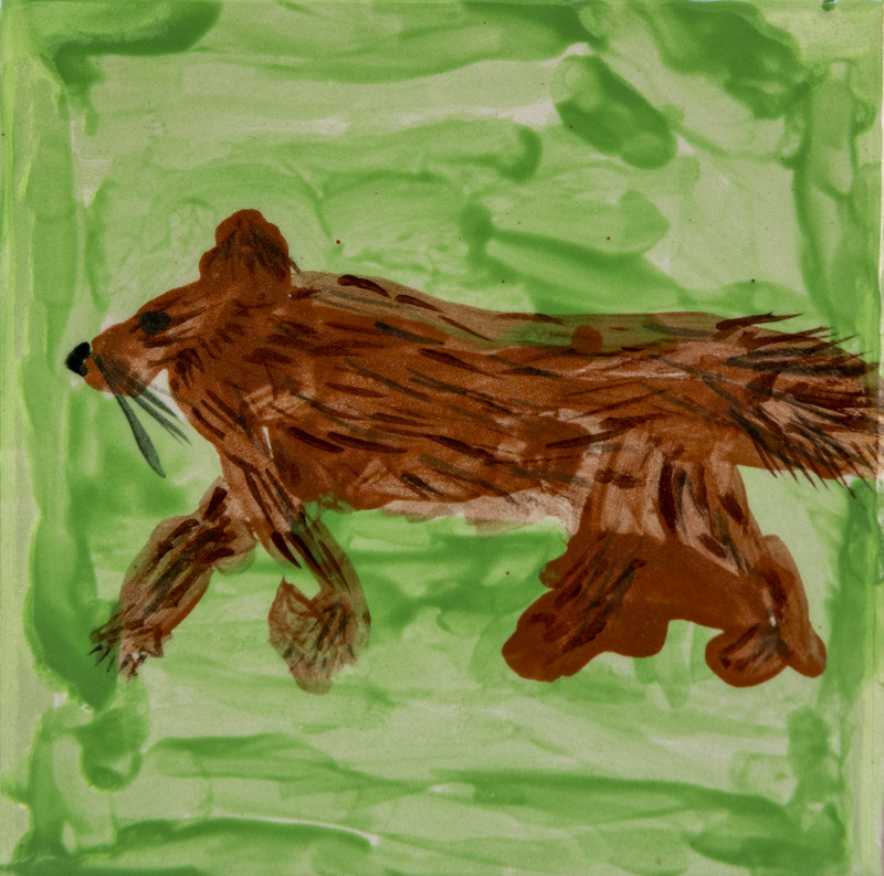 Painting of a brown animal with fur and a long tail walking across a green, grassy background.