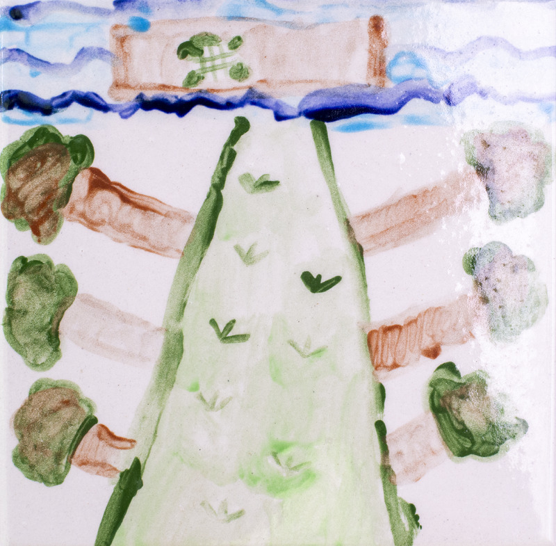 Painting of a green turtle moving along a path with small trees on both sides under a blue sky.
