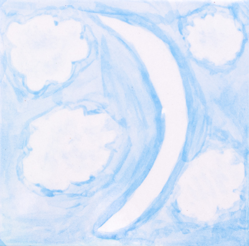 Painting of a white crescent moon surrounded by soft blue clouds in a light blue sky.
