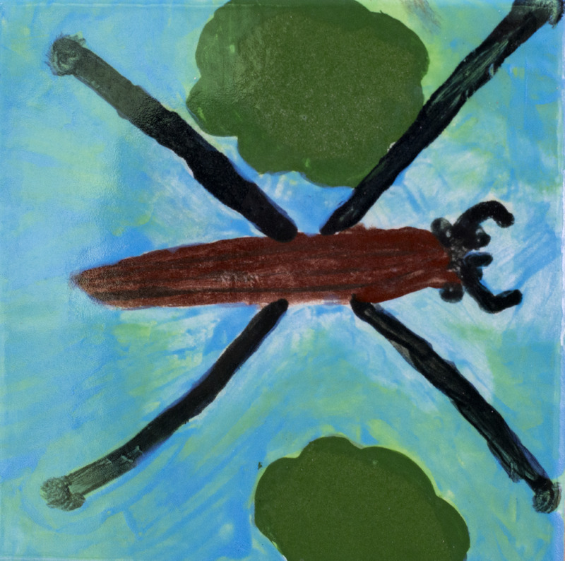 Painting of a water strider with a long brown body and thin black legs standing on blue water near green lily pads.