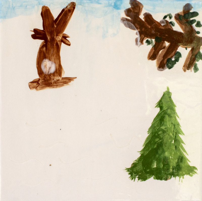 Painting of a green pine tree, a brown rabbit, and a brown branch in a snowy field.
