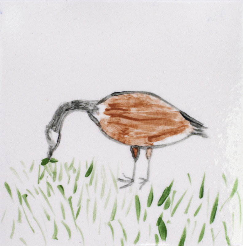 Painting of a Canada Goose eating some grass.