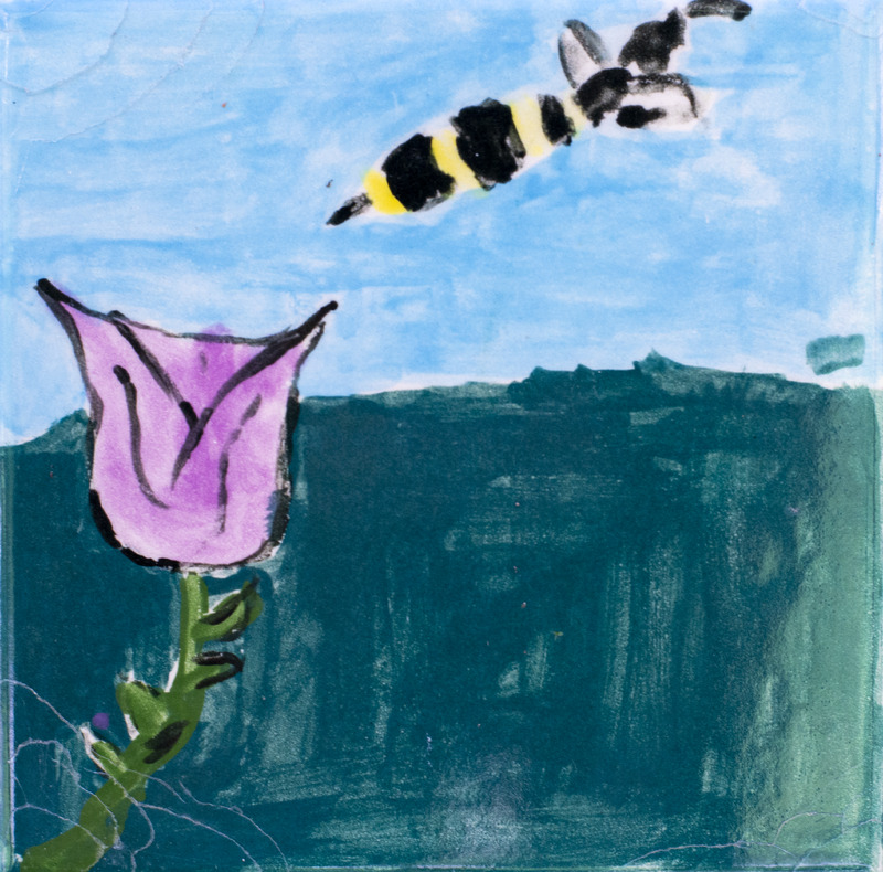 Painting of a black and yellow bee flying above a purple flower against a blue sky and dark green ground.