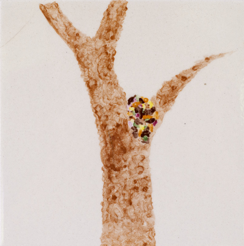 Painting of colorful leaves piled on a brown tree branch.
