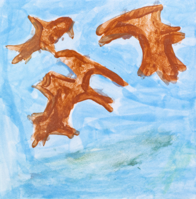 Painting of three brown oak leaves, against a light blue background.