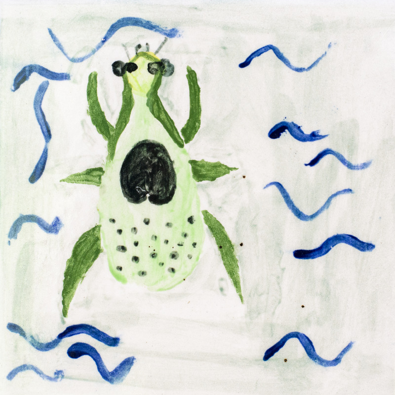 Painting of green insect with six legs and black spot on back against green background with blue waves.