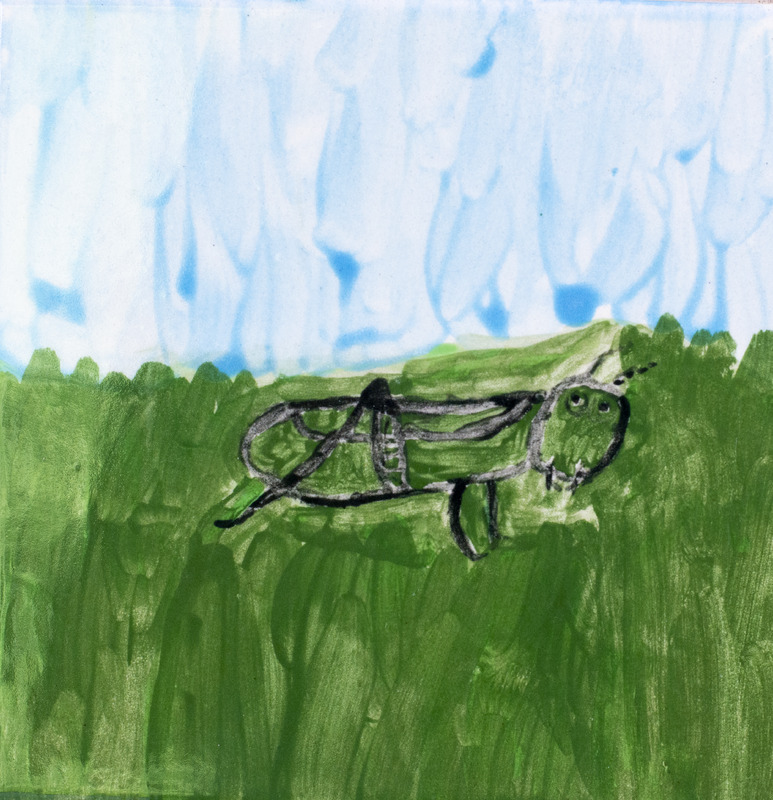 Painting of green grasshopper in grass with blue sky.
