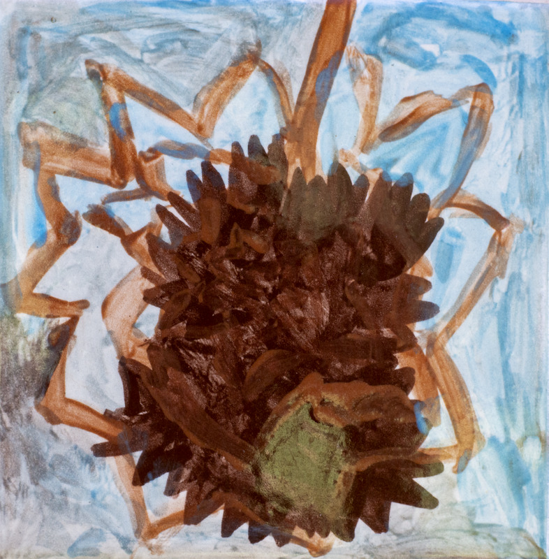 Painting of brown underside of blue flower.