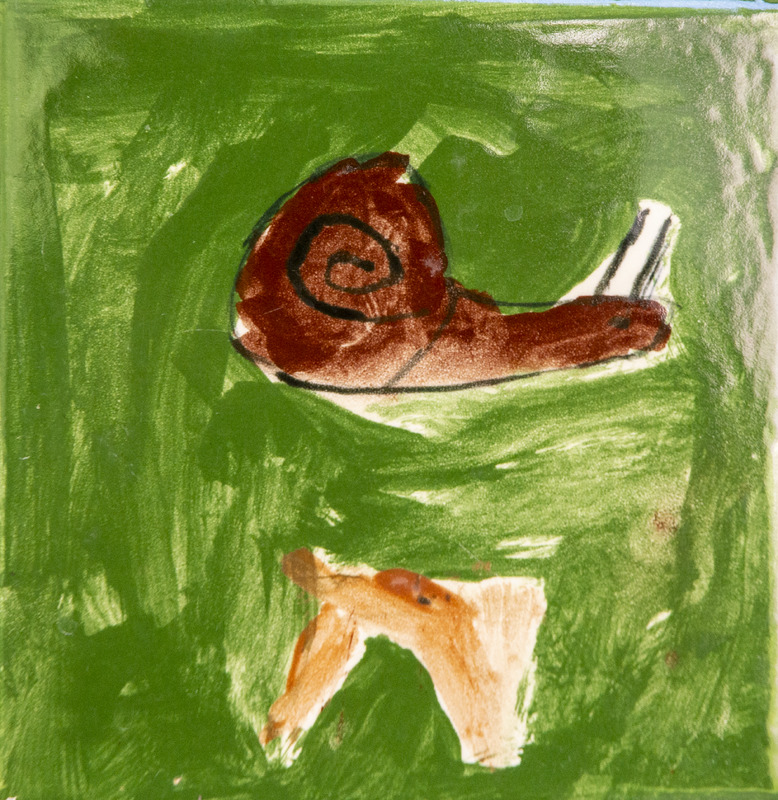 Painting of a brown snail with a spiral shell on green grass.