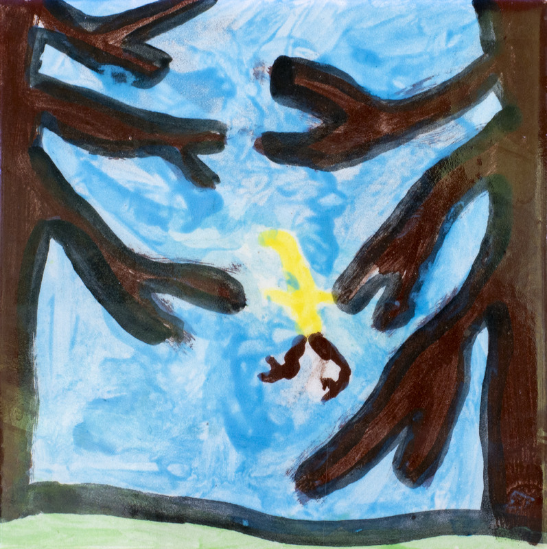 Painting of two bare trees and blue sky.