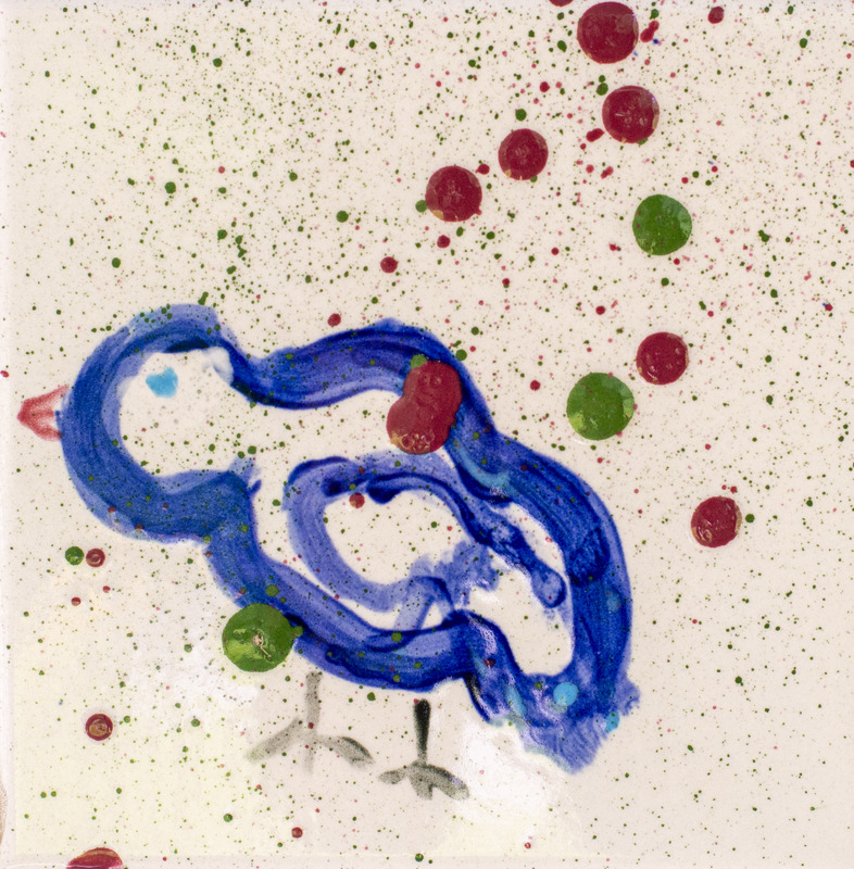 Painting of a blue bird in front of a red and green spotted background.