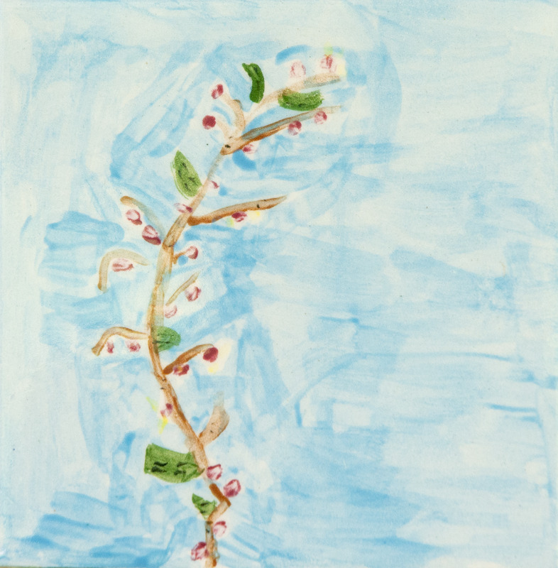Painting of a slender brown branch with green leaves and small pink cranberries against a soft blue background.