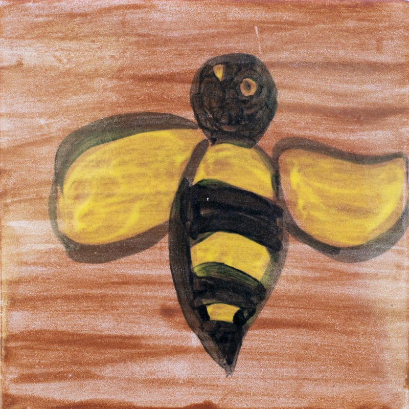 Painting of bee with yellow wings against brown background.