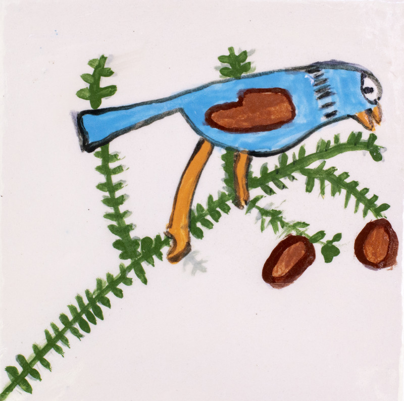 Painting of a blue bird on a green hemlock brach with two brown cones growing from it.