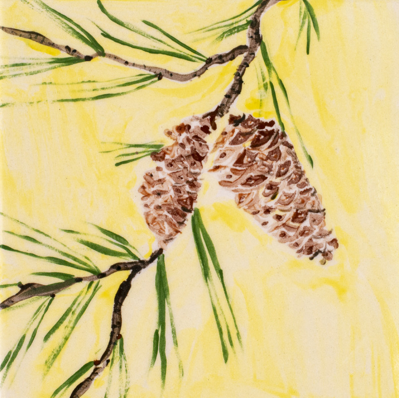 Painting of pinecones on a branch with a yellow background.