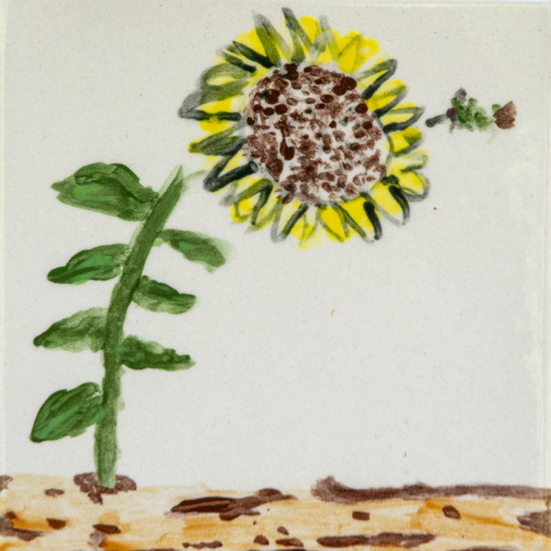 Painting of a sunflower with bright yellow petals and a brown center, growing from the ground with a green stem and leaves.