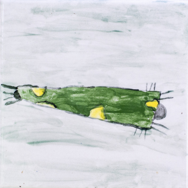 Painting of caddisfly larvae in green and yellow case.