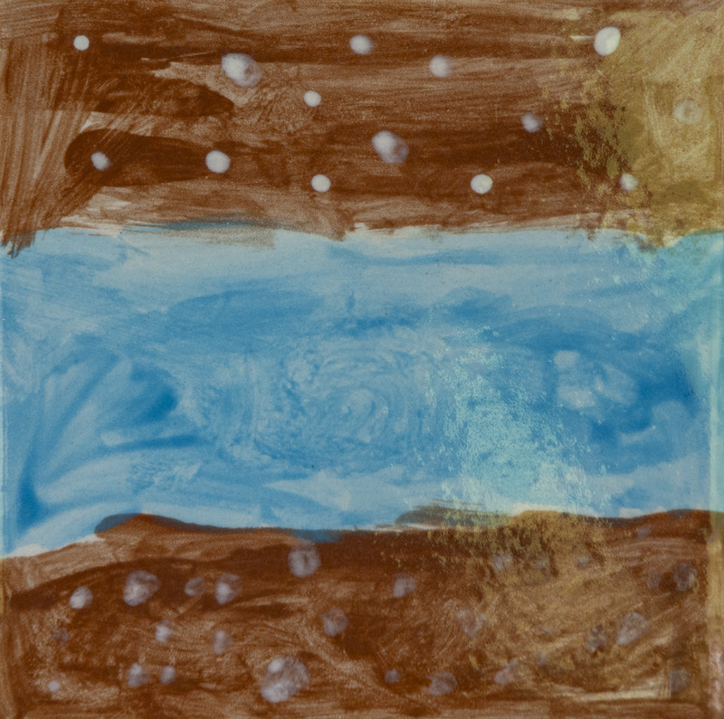 Painting of a blue river running horizontally between brown land, with white dots suggesting snow or pebbles across the scene.