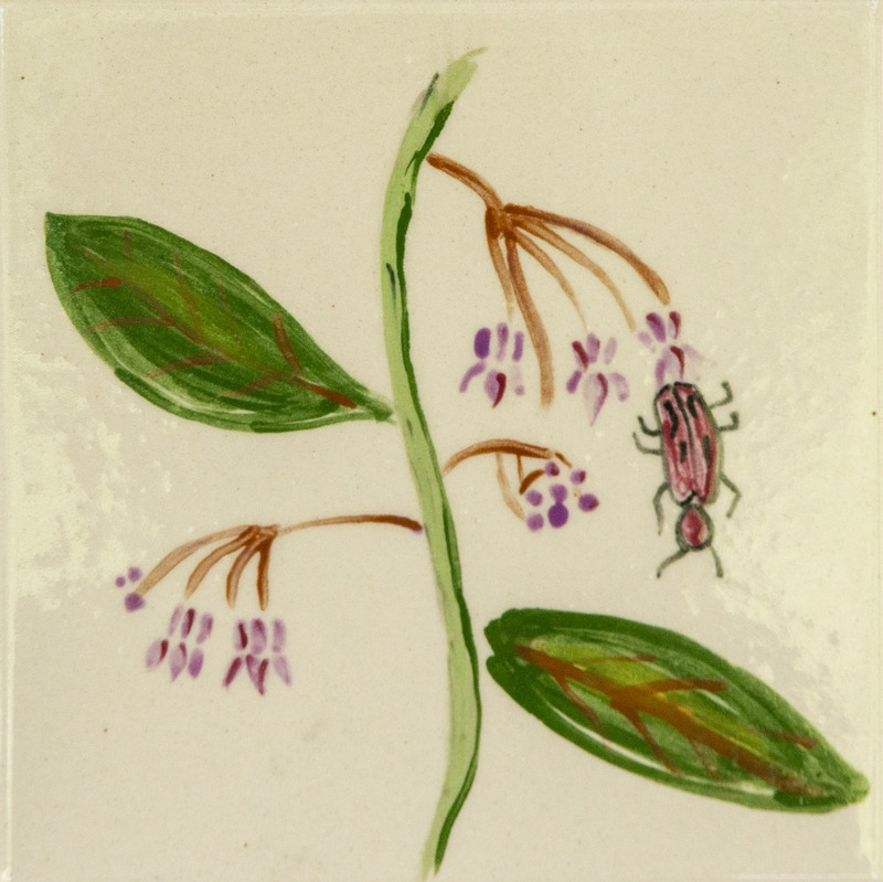 Painting of a red bug on a green plant with two leaves and small purple flowers.
