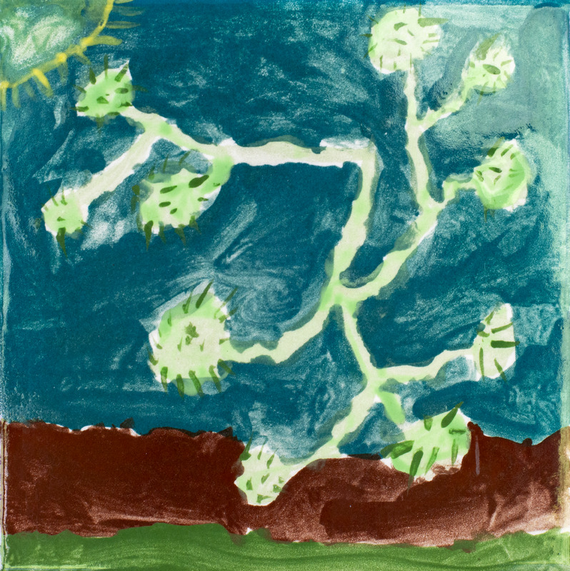 Painting of green vine growing out of dirt with dark blue sky.