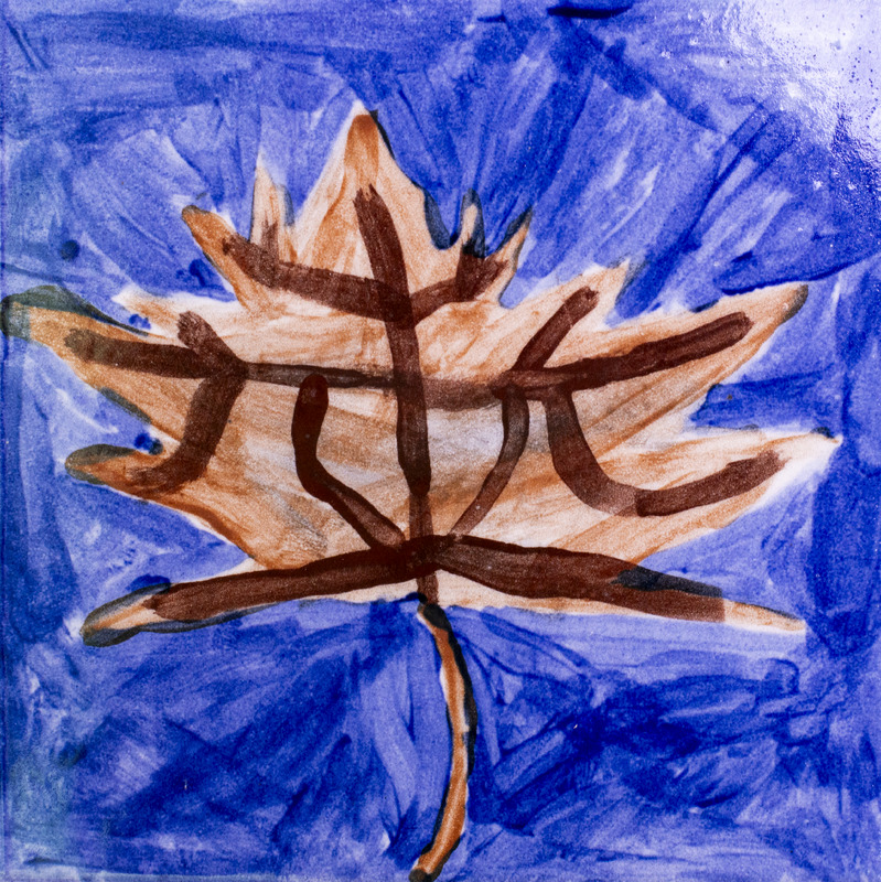 Painting of a brown maple leaf with dark veins, set againt a dark blue background.