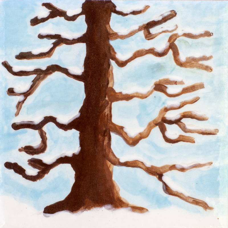 Painting of tree with snowy branches against blue background.
