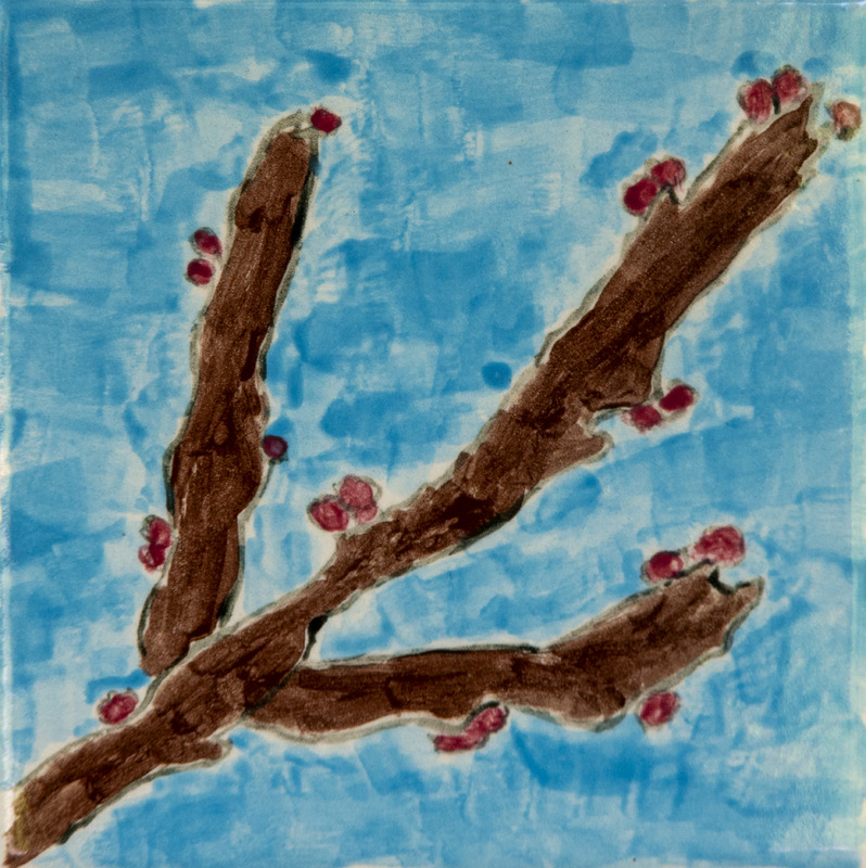Painting of brown tree branches with small red buds, stretching across a blue sky.