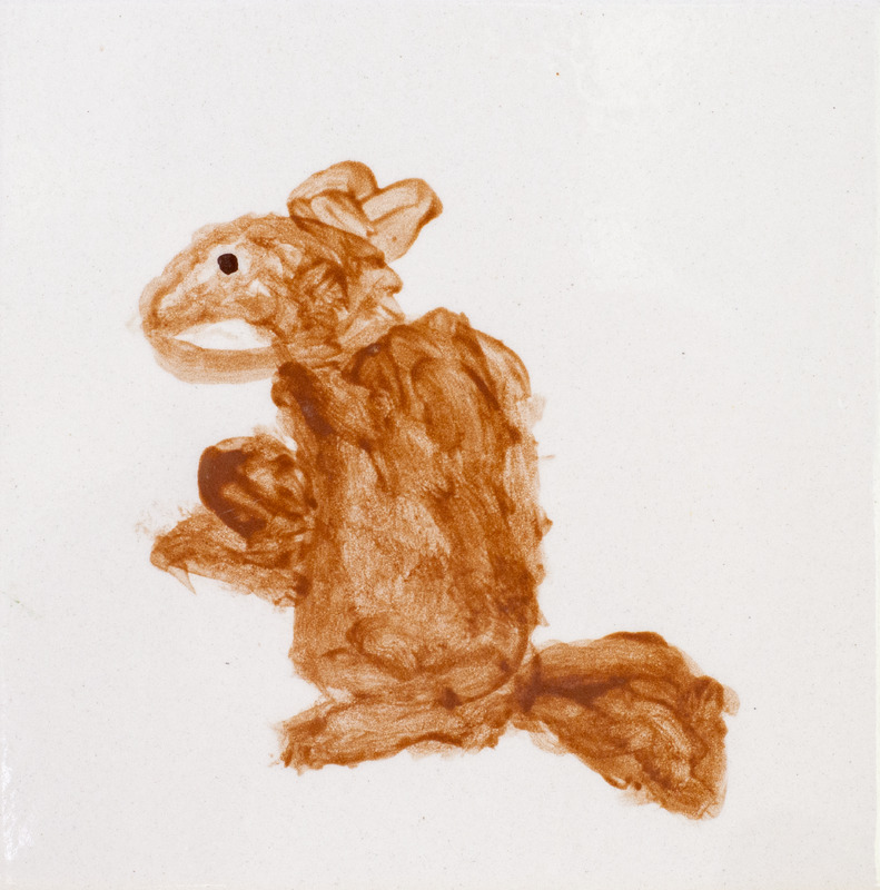 Painting of brown squirrel against white background.