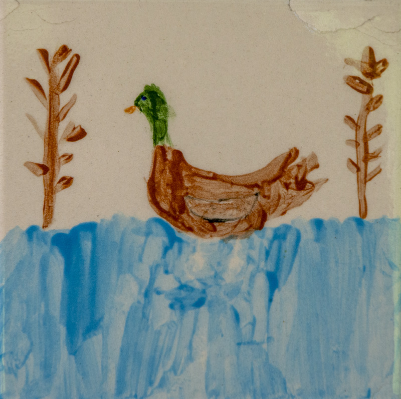 Painting of a brown duck with a green head and yellow beak floating on blue water, with simple trees on both sides.