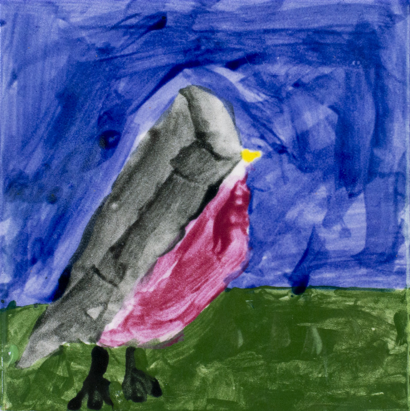 Painting of black bird with red belly standing in green grass and blue sky.