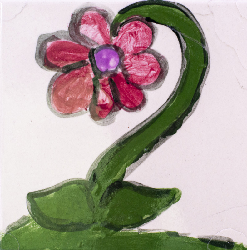 Painting of red flower with curved stem on white background.