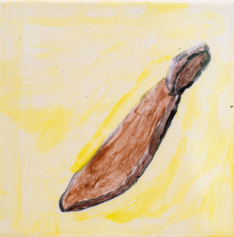 Painting of a brown samara seed with a single wing on a yellow background.