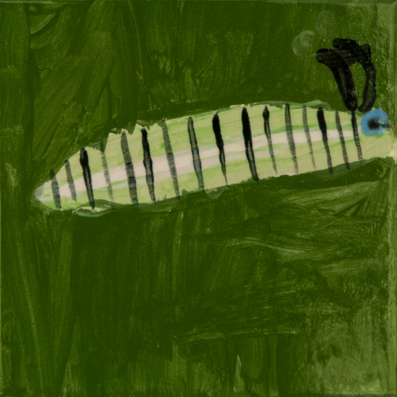 Painting of a long, light-green water bug with dark vertical stripes along its body, a small blue eye, and short black antennae, shown against a green background.