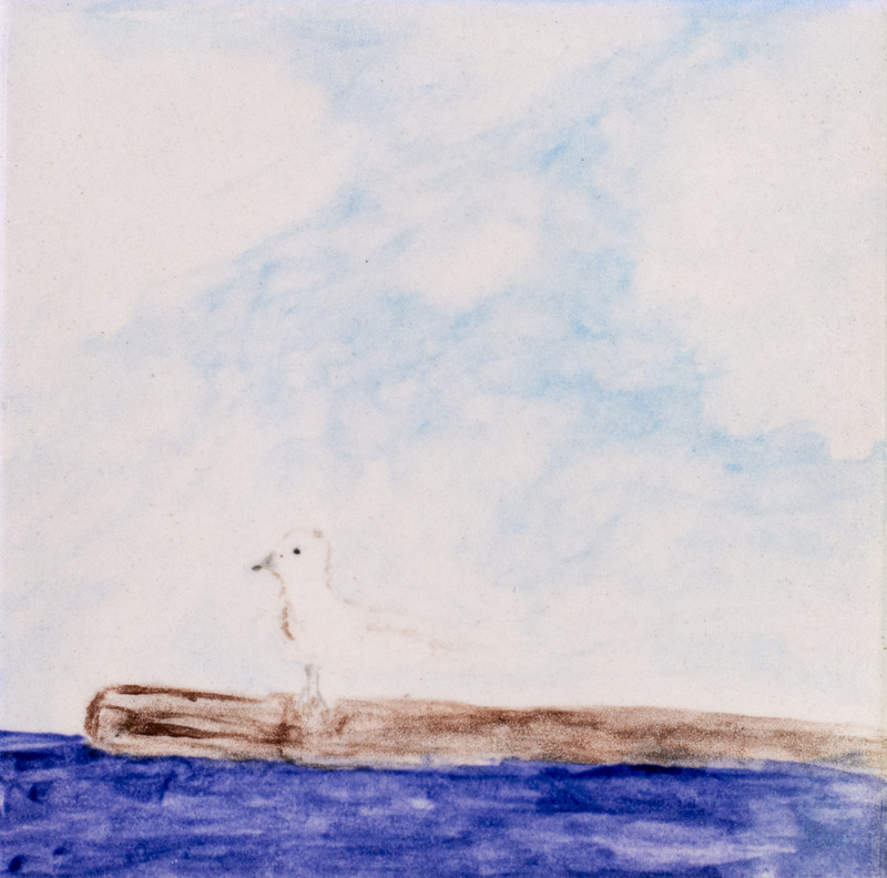 Painting of white seagull sitting on log in water with blue sky and clouds.