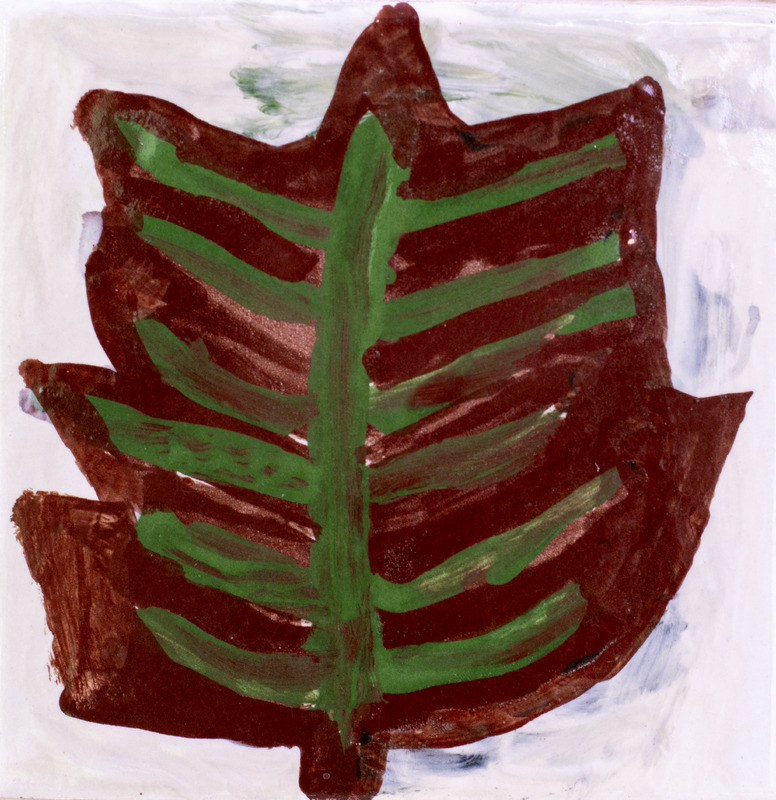 Painting of a brown and green leaf.