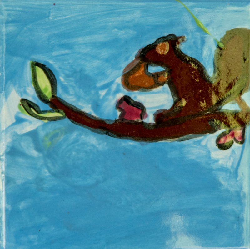 Painting of a brown tree branch with green leaves and small pink buds, set against a blue sky.