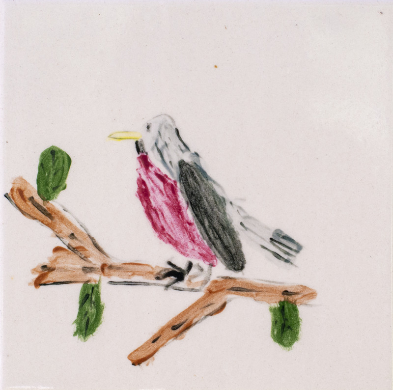Painting of robin standing on branch with three leaves against white background.
