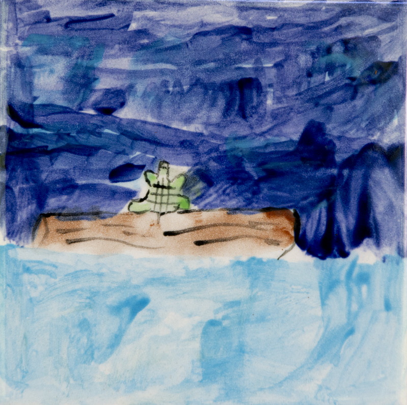 Painting of a small green turtle on a brown log above light blue water.
