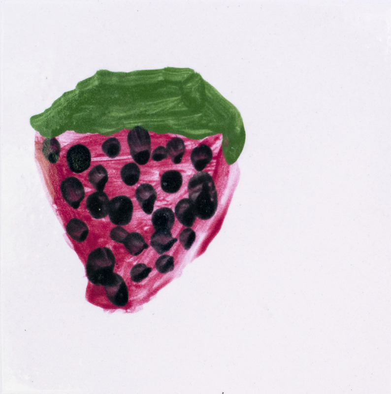 Painting of red strawberry with green leaf top against white background.