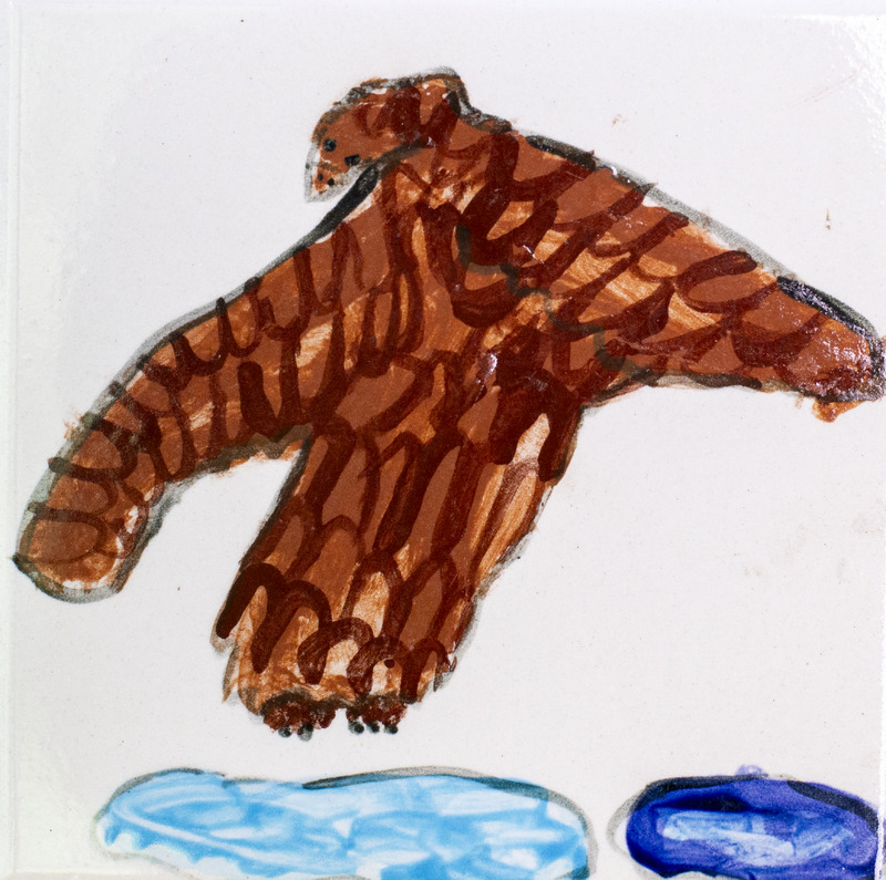 Painting of brown hawk flying over small blue bodies of water against white background.
