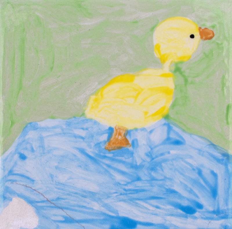 Painting of a duckling on water with a green background.