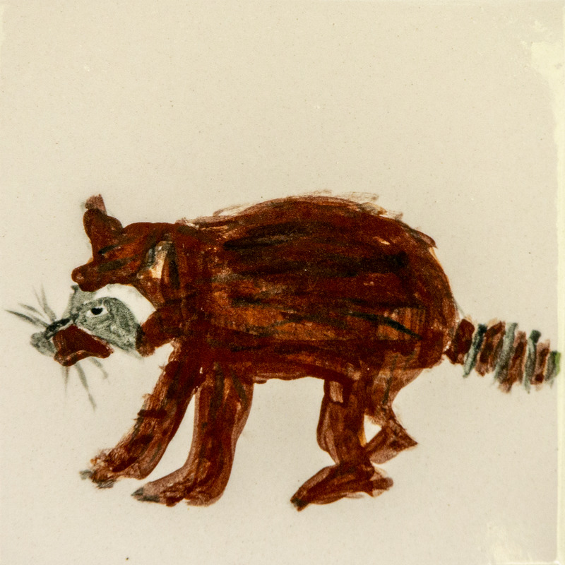 Painting of a raccoon with a brown body, gray face, pointed ears, and a striped tail.